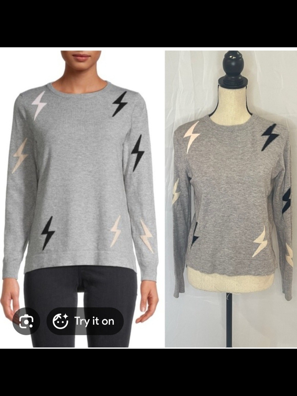 THML Gray & Pink Lightning-Print Crewneck Sweater - Soft Oversized Size Large